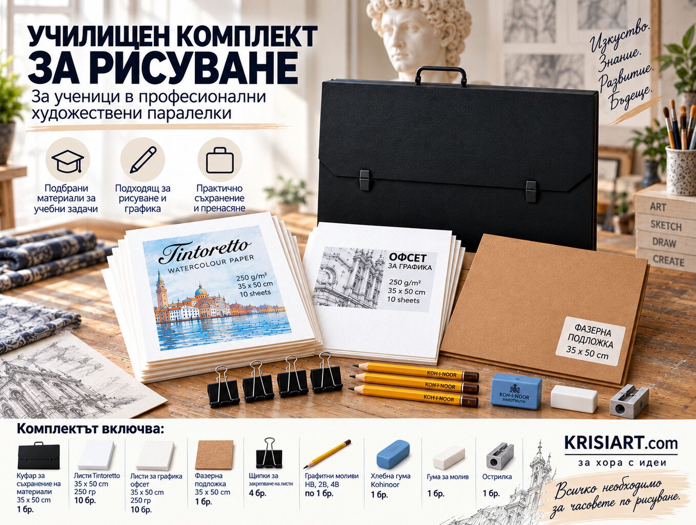 Комплект материали за рисуване за учениците в професионалните художествени паралелки