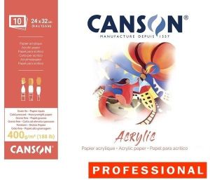 Canson Acrylic pad with 10 sheets of heavyweight 400 gsm paper, size 24 × 32 cm.